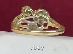 Vintage Estate 14k Gold Natural Greem Emerald & Diamond Ring Flowers Signed