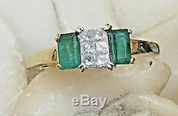 Vintage Estate 14k Gold Natural Green Emerald Diamond Ring Gemstone Signed Aj