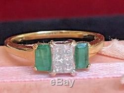 Vintage Estate 14k Gold Natural Green Emerald Diamond Ring Gemstone Signed Aj