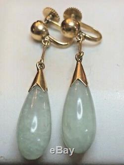 Vintage Estate 14k Gold Natural Green Jade Jadeite Earrings Drop Dangle Signed