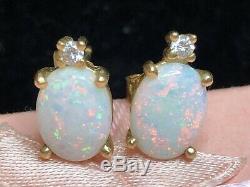 Vintage Estate 14k Gold Natural Opal & Diamond Earrings Signed