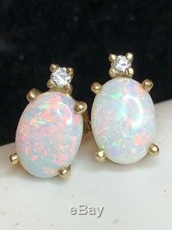 Vintage Estate 14k Gold Natural Opal & Diamond Earrings Signed