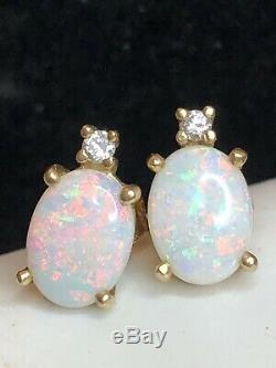 Vintage Estate 14k Gold Natural Opal & Diamond Earrings Signed