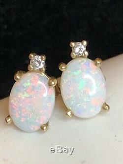 Vintage Estate 14k Gold Natural Opal & Diamond Earrings Signed