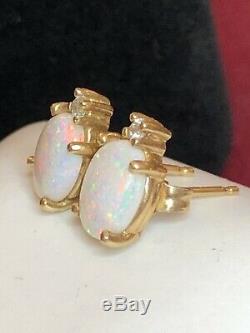 Vintage Estate 14k Gold Natural Opal & Diamond Earrings Signed