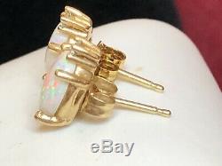 Vintage Estate 14k Gold Natural Opal & Diamond Earrings Signed