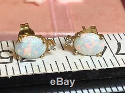 Vintage Estate 14k Gold Natural Opal & Diamond Earrings Signed