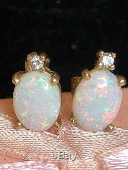 Vintage Estate 14k Gold Natural Opal & Diamond Earrings Signed
