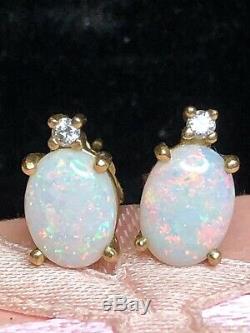 Vintage Estate 14k Gold Natural Opal & Diamond Earrings Signed