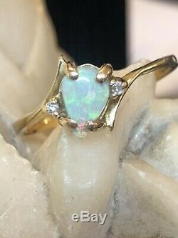 Vintage Estate 14k Gold Natural Opal & Diamond Ring Bypass Signed Gemstone