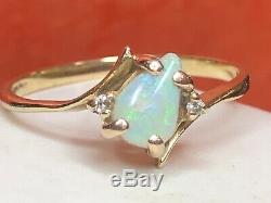 Vintage Estate 14k Gold Natural Opal & Diamond Ring Bypass Signed Gemstone