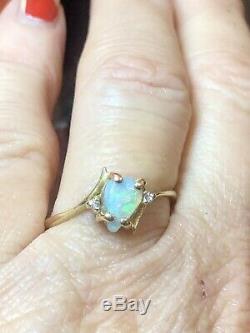 Vintage Estate 14k Gold Natural Opal & Diamond Ring Bypass Signed Gemstone