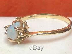 Vintage Estate 14k Gold Natural Opal & Diamond Ring Bypass Signed Gemstone