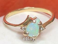 Vintage Estate 14k Gold Natural Opal & Diamond Ring Bypass Signed Gemstone