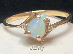 Vintage Estate 14k Gold Natural Opal & Diamond Ring Bypass Signed Gemstone