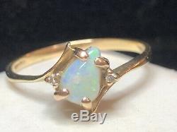 Vintage Estate 14k Gold Natural Opal & Diamond Ring Bypass Signed Gemstone
