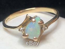 Vintage Estate 14k Gold Natural Opal & Diamond Ring Bypass Signed Gemstone