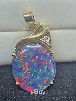 Vintage Estate 14k Gold Natural Opal Natural Diamond Pendant Signed Gemstone