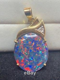 Vintage Estate 14k Gold Natural Opal Natural Diamond Pendant Signed Gemstone