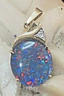 Vintage Estate 14k Gold Natural Opal Natural Diamond Pendant Signed Gemstone