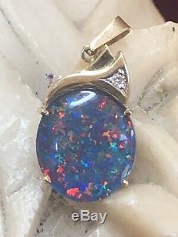 Vintage Estate 14k Gold Natural Opal Natural Diamond Pendant Signed Gemstone