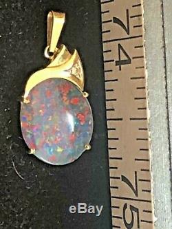 Vintage Estate 14k Gold Natural Opal Natural Diamond Pendant Signed Gemstone