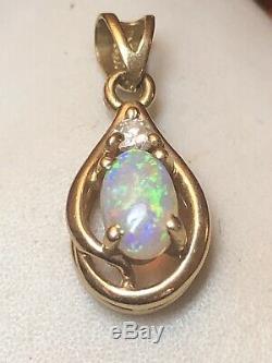 Vintage Estate 14k Gold Natural Opal Natural Diamond Pendant Signed Gemstone