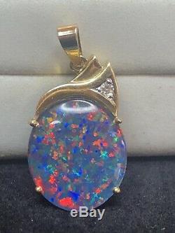 Vintage Estate 14k Gold Natural Opal Natural Diamond Pendant Signed Gemstone