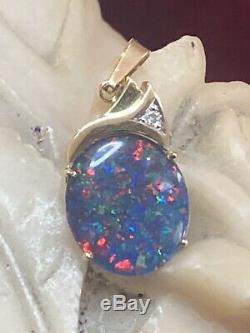 Vintage Estate 14k Gold Natural Opal Natural Diamond Pendant Signed Gemstone