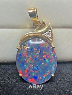 Vintage Estate 14k Gold Natural Opal Natural Diamond Pendant Signed Gemstone