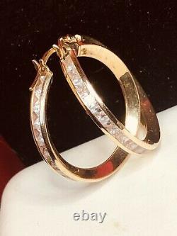 Vintage Estate 14k Gold Natural White Quartz Earrings Hoops Signed Gemstone