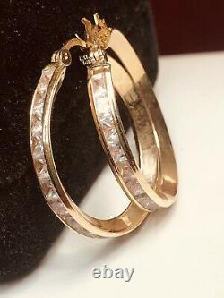 Vintage Estate 14k Gold Natural White Quartz Earrings Hoops Signed Gemstone