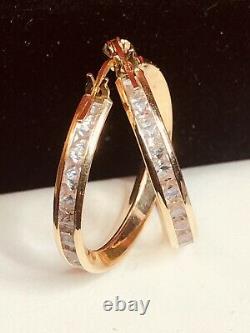 Vintage Estate 14k Gold Natural White Quartz Earrings Hoops Signed Gemstone