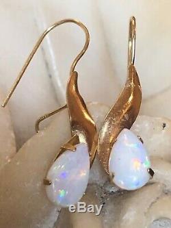 Vintage Estate 14k Gold Opal Earrings Signed Zz Art Deco Syle French Wire