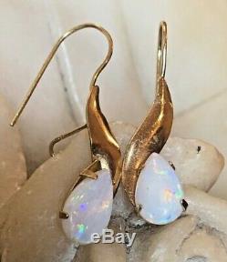 Vintage Estate 14k Gold Opal Earrings Signed Zz Art Deco Syle French Wire