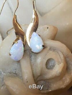 Vintage Estate 14k Gold Opal Earrings Signed Zz Art Deco Syle French Wire