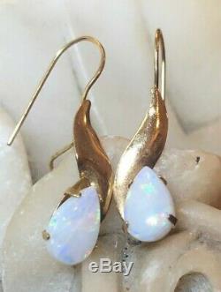 Vintage Estate 14k Gold Opal Earrings Signed Zz Art Deco Syle French Wire