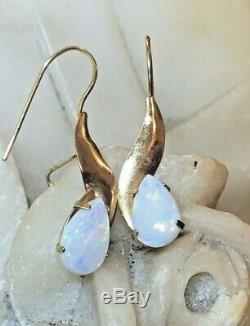 Vintage Estate 14k Gold Opal Earrings Signed Zz Art Deco Syle French Wire