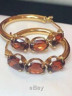 Vintage Estate 14k Gold Red Garnet Hoops Signed S Gemstone