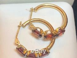 Vintage Estate 14k Gold Red Garnet Hoops Signed S Gemstone