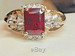 Vintage Estate 14k Gold Red Ruby & Diamond & White Sapphire Ring Signed Cr