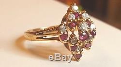 Vintage Estate 14k Gold Ring Genuine Ruby & Diamond Cluster Navette Signed Dra