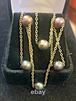 Vintage Estate 14k Gold Tahitian Pearl Station Necklace Signed Adl Made Italy