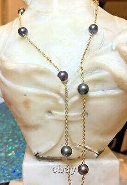 Vintage Estate 14k Gold Tahitian Pearl Station Necklace Signed Adl Made Italy