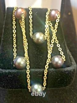 Vintage Estate 14k Gold Tahitian Pearl Station Necklace Signed Adl Made Italy