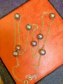 Vintage Estate 14k Gold Tahitian Pearl Station Necklace Signed Adl Made Italy