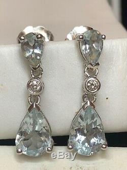 Vintage Estate 14k White Gold Aquamarine Diamond Earring Wedding Signed Adl Drop