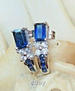 Vintage Estate 14k White Gold Blue Sapphire Diamond Earrings J-hook Signed Aj