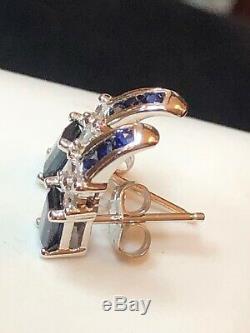 Vintage Estate 14k White Gold Blue Sapphire Diamond Earrings J-hook Signed Aj