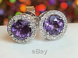 Vintage Estate 14k White Gold Natural Amethyst Diamond Earrings Signed D. D